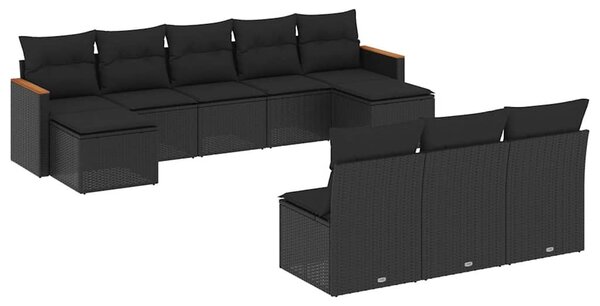 10 részes fekete polyrattan kerti ülőgarnitúra párnákkal