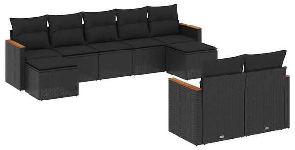 9 részes fekete polyrattan kerti ülőgarnitúra párnákkal
