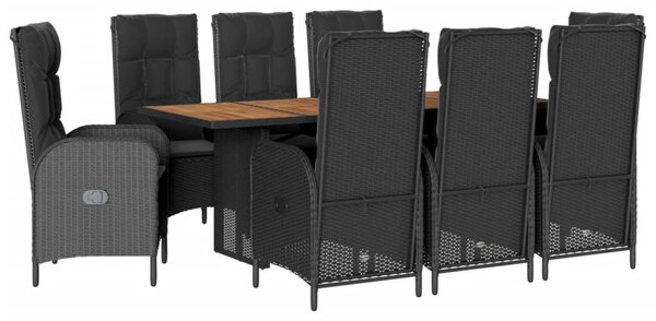 9 részes fekete polyrattan kerti étkezőgarnitúra párnákkal