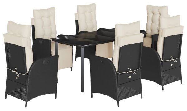 7 részes fekete polyrattan kerti étkezőgarnitúra párnával