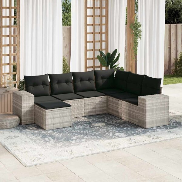 7 részes világosszürke polyrattan kerti ülőgarnitúra párnákkal