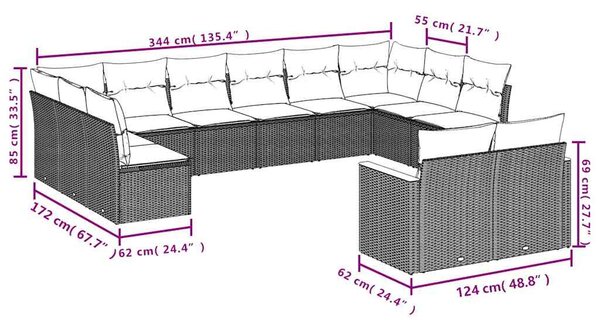 12 részes fekete polyrattan kerti ülőgarnitúra párnákkal