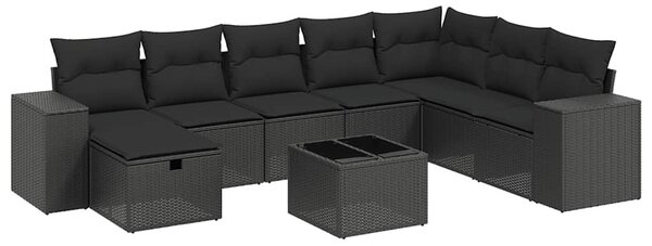 9 részes fekete polyrattan kerti ülőgarnitúra párnákkal