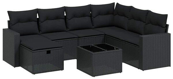 8 részes fekete polyrattan kerti ülőgarnitúra párnákkal