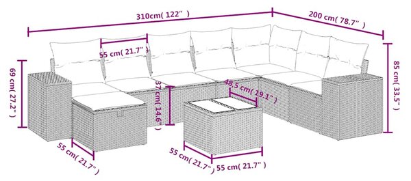 9 részes fekete polyrattan kerti ülőgarnitúra párnákkal