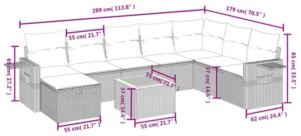 9 részes fekete polyrattan kerti ülőgarnitúra párnákkal