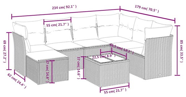 8 részes fekete polyrattan kerti ülőgarnitúra párnákkal