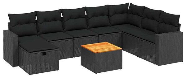 9 részes fekete polyrattan kerti ülőgarnitúra párnákkal