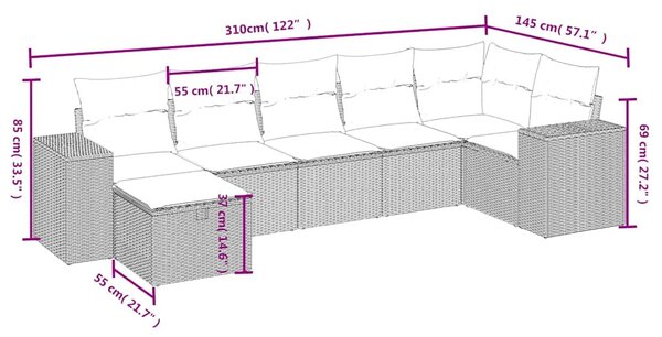 7 részes fekete polyrattan kerti ülőgarnitúra párnával