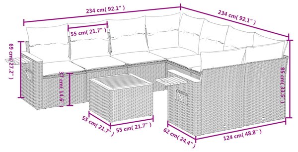 9 részes szürke polyrattan kerti ülőgarnitúra párnákkal