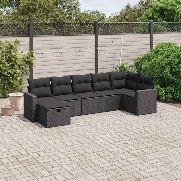 7 részes fekete polyrattan kerti ülőgarnitúra párnával