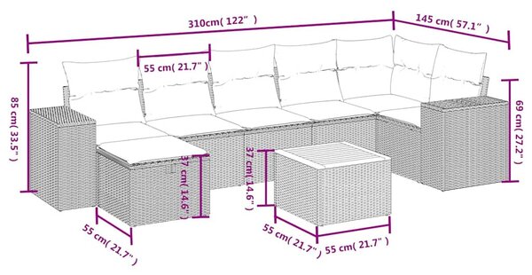 8 részes fekete polyrattan kerti ülőgarnitúra párnákkal
