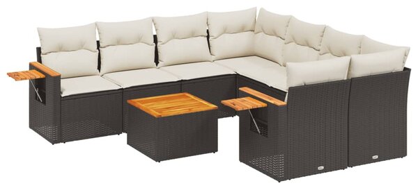 9 részes fekete polyrattan kerti ülőgarnitúra párnákkal