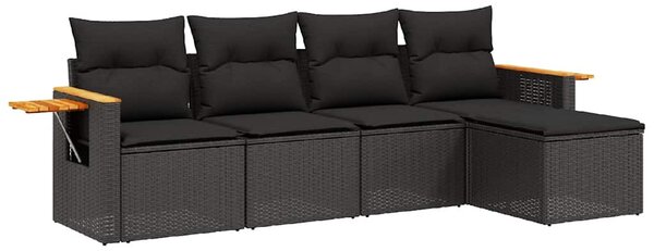 5 részes fekete polyrattan kerti kanapészett párnákkal