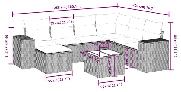 8 részes fekete polyrattan kerti ülőgarnitúra párnákkal