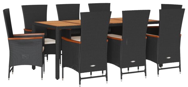 9 részes fekete polyrattan kerti étkezőgarnitúra párnákkal