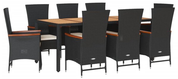 9 részes fekete polyrattan kerti étkezőgarnitúra párnákkal