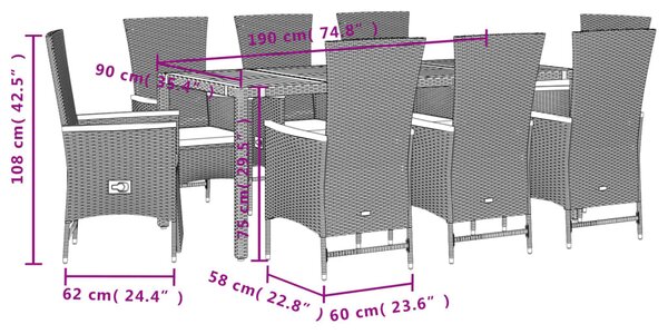 9 részes fekete polyrattan kerti étkezőgarnitúra párnákkal