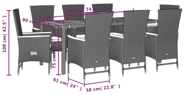 9 részes fekete polyrattan kerti étkezőgarnitúra párnákkal