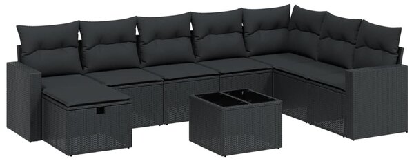 9 részes fekete polyrattan kerti ülőgarnitúra párnákkal