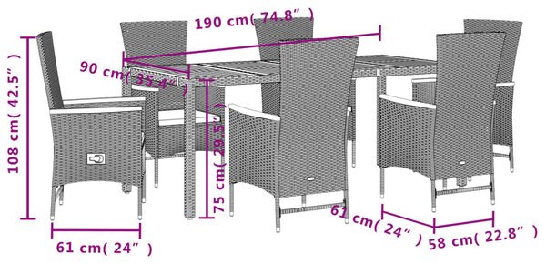7 részes fekete polyrattan kerti étkezőgarnitúra párnával