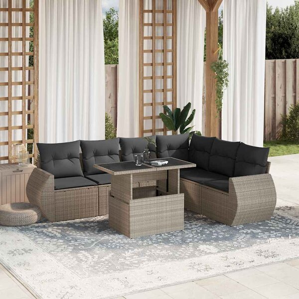 7 részes világosszürke polyrattan kerti ülőgarnitúra párnákkal