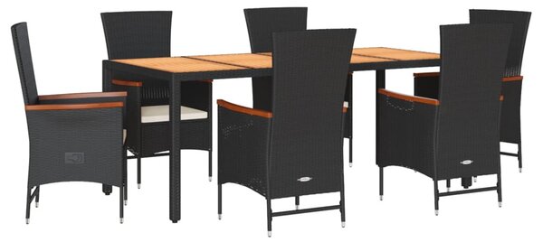 7 részes fekete polyrattan kerti étkezőgarnitúra párnával