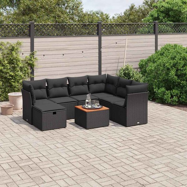 8 részes fekete polyrattan kerti ülőgarnitúra párnákkal