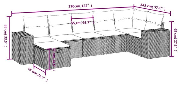 7 részes fekete polyrattan kerti ülőgarnitúra párnával