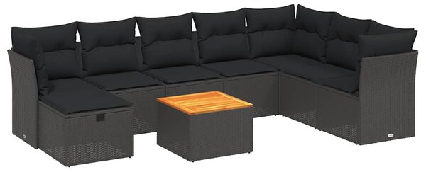 9 részes fekete polyrattan kerti ülőgarnitúra párnákkal