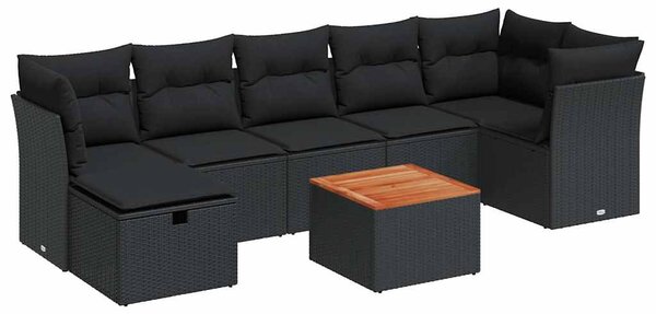8 részes fekete polyrattan kerti ülőgarnitúra párnákkal