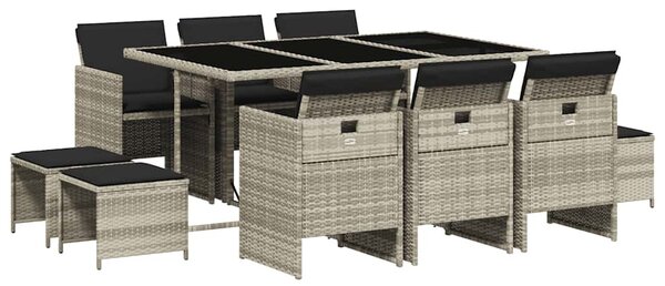 11 részes világosszürke polyrattan kerti ülőgarnitúra párnákkal
