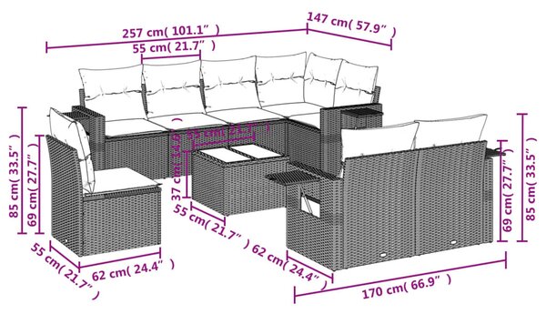 9 részes bézs polyrattan kerti ülőgarnitúra párnákkal