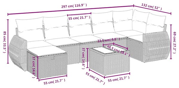 8 részes fekete polyrattan kerti ülőgarnitúra párnákkal