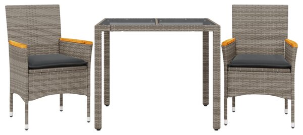 3 részes szürke polyrattan/üveg kerti étkezőgarnitúra párnával