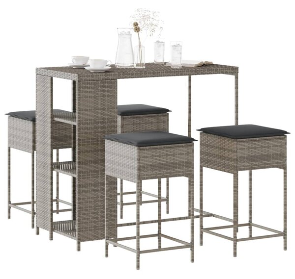 5 részes szürke polyrattan kerti bárszett párnákkal