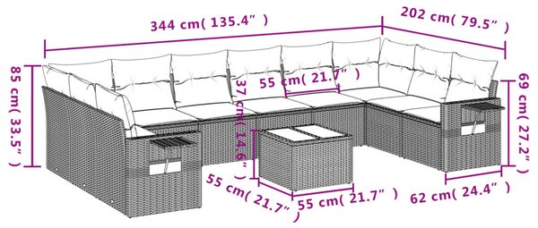 11 részes fekete polyrattan kerti ülőgarnitúra párnákkal