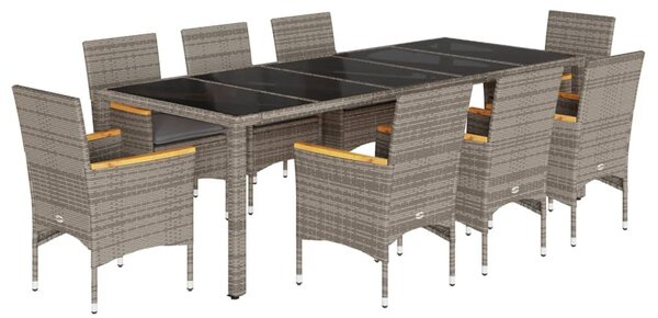9 részes szürke polyrattan/üveg kerti étkezőgarnitúra párnával