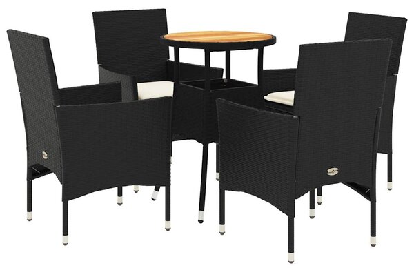 5részes fekete polyrattan/akácfa kerti étkezőgarnitúra párnákkal