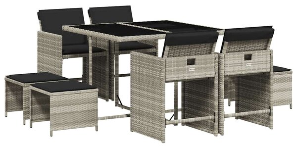 9részes világosszürke polyrattan kerti étkezőgarnitúra párnával