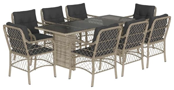 9részes világosszürke polyrattan kerti étkezőgarnitúra párnával