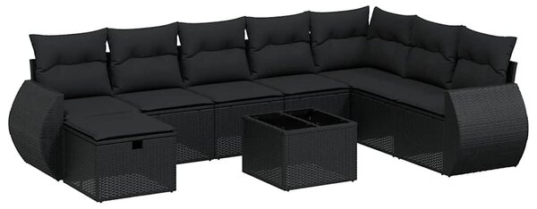 9 részes fekete polyrattan kerti ülőgarnitúra párnákkal