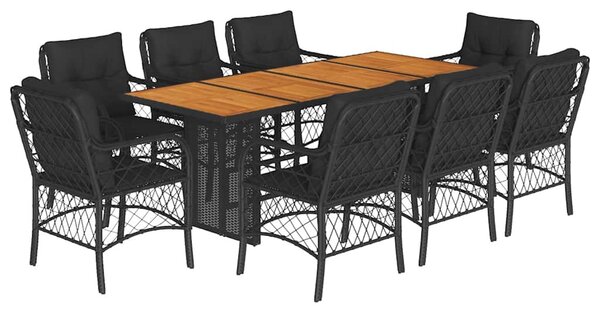 9 részes fekete polyrattan kerti étkezőgarnitúra párnákkal