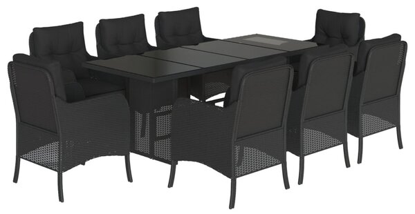 9 részes fekete polyrattan kerti étkezőgarnitúra párnákkal