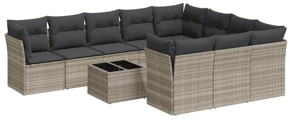 11 részes világosszürke polyrattan kerti ülőgarnitúra párnákkal