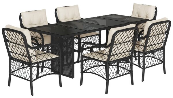 7 részes fekete polyrattan kerti étkezőgarnitúra párnával
