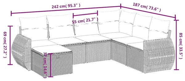 7 részes fekete polyrattan kerti ülőgarnitúra párnával