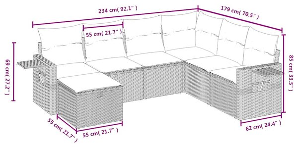 7 részes fekete polyrattan kerti ülőgarnitúra párnával