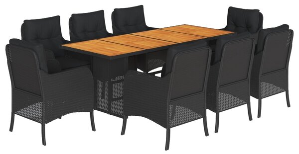 9 részes fekete polyrattan kerti étkezőgarnitúra párnákkal