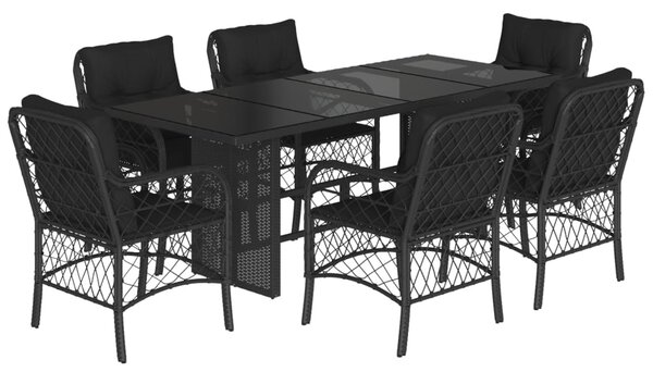 7 részes fekete polyrattan kerti étkezőgarnitúra párnával